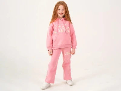 Toptan LUMİİ Smile Baskılı Kanguru Cepli 3 İp Şardonlu Kız Takım  - Toptan Çocuk Giyim Beniz Kids