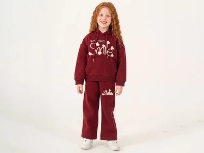 Toptan LUMİİ Smile Baskılı Kanguru Cepli 3 İp Şardonlu Kız Takım  Burgundy - Beniz Bebe