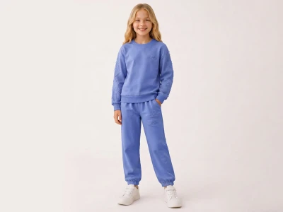 Toptan PALM LİFE Smiley Baskılı Yıldız Nakışlı Kız Takım  BLUE - Beniz Bebe
