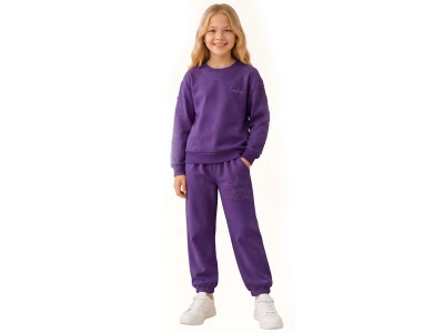 Toptan PALM LİFE Smiley Baskılı Yıldız Nakışlı Kız Takım  Purple - Beniz Bebe
