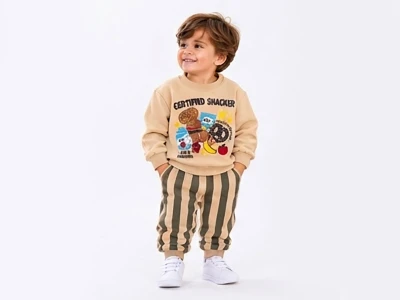 Toptan BICIR KİDS Snacker Baskılı Erkek Takım BEJ - Beniz Bebe