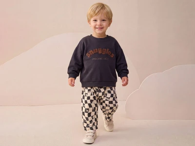 Toptan BUPPER Snuggles Nakışlı Erkek Bebek Takım FÜME - Beniz Bebe