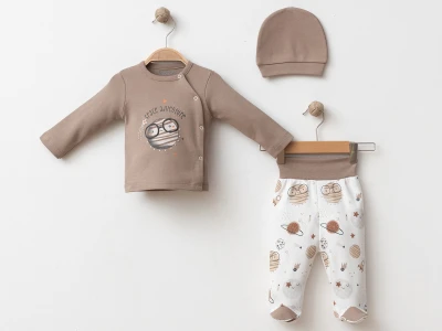 Space Baskılı Yenidoğan Bebe Üçlü Zıbın Set