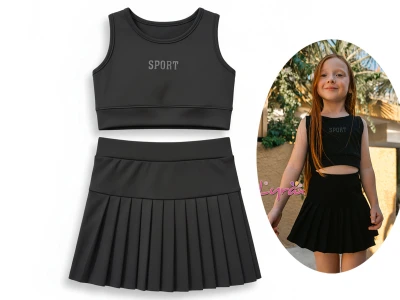 Sport Baskılı Piliseli Etekli Kız Tenis Sporcu Mayo Takım