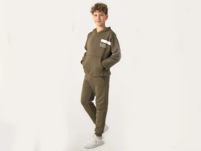 Toptan RUHAT KİDS Sporty Baskılı Kapşonlu Şardonlu 3 İp Erkek Takım HAKİ - Beniz Bebe