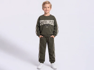Toptan FEELY KİDS Stronger Baskılı 3 İp Şardonlu Erkek Takım  - Toptan Çocuk Giyim Beniz Kids