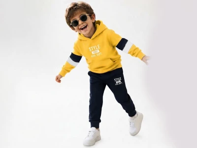 Toptan PALM LİFE Style Baskılı Kanguru Cepli Kapşonlu Erkek Takım  Yellow - Beniz Bebe