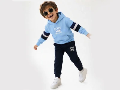 Toptan PALM LİFE Style Baskılı Kanguru Cepli Kapşonlu Erkek Takım  BLUE - Beniz Bebe