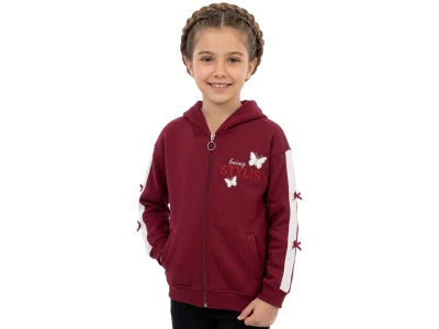 Toptan ROYA KİDS Stylish Nakışlı Cepli Kapşonlu 3 İp Şardonlu Kız Hırka  Бургундия - Beniz Bebe
