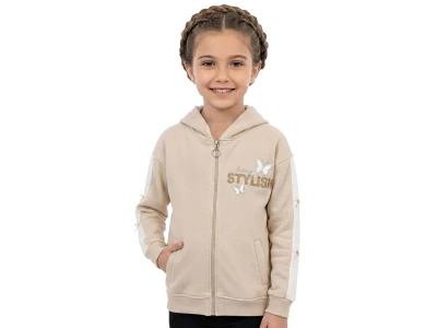 Toptan ROYA KİDS Stylish Nakışlı Cepli Kapşonlu 3 İp Şardonlu Kız Hırka  Бежевый - Beniz Bebe