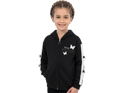 Toptan ROYA KİDS Stylish Nakışlı Cepli Kapşonlu 3 İp Şardonlu Kız Hırka  Черный - Beniz Bebe