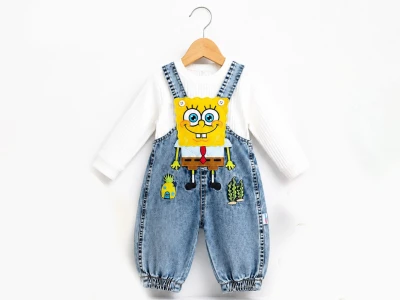 Toptan BABY İCON Sünger Bob Nakışlı Erkek Bebek Kot Salopet Set - Toptan Çocuk Giyim Beniz Kids
