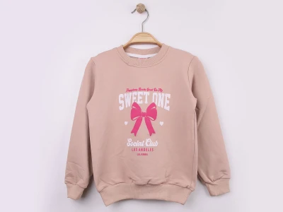 Toptan WENGE KİDS Sweet Baskılı Kız Sweat  BEJ - Beniz Bebe