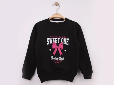 Toptan WENGE KİDS Sweet Baskılı Kız Sweat  SİYAH - Beniz Bebe