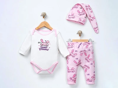 Toptan SÜPERMİNİ Sweet Dreams Baskılı 3'lü Kız Takım - Toptan Çocuk Giyim Beniz Kids