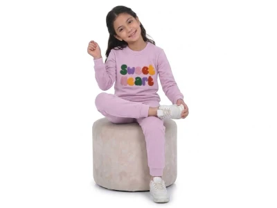 Toptan CMK Sweet Heart Nakışlı 3 İp Şardonlu Kız Takım  PEMBE - Beniz Bebe