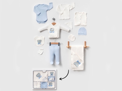 Toptan BABY ZUHU Taç Nakışlı 10lu Unisex Hastane Çıkışı Zıbın Seti أزرق - Beniz Bebe