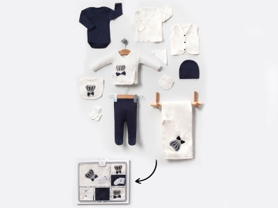 Toptan BABY ZUHU Taç Nakışlı 10lu Unisex Hastane Çıkışı Zıbın Seti الأزرق الداكن - Beniz Bebe
