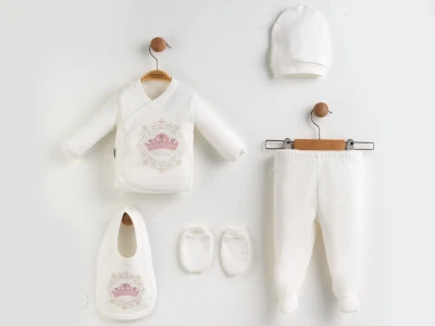 Toptan ZIPIR Taç Nakışlı Unisex 5li Yenidoğan Zıbın Set PEMBE - Beniz Bebe