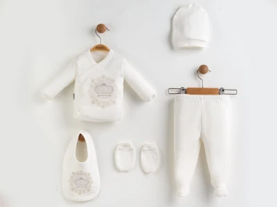 Toptan ZIPIR Taç Nakışlı Unisex 5li Yenidoğan Zıbın Set BEYAZ - Beniz Bebe