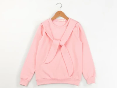 Toptan ENJOY BABY Taş Detaylı Bağlamalı 2 İp Şardonlu Kız Sweat AÇIKPEMBE - Beniz Bebe