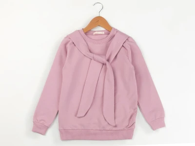 Toptan ENJOY BABY Taş Detaylı Bağlamalı 2 İp Şardonlu Kız Sweat GÜLKURUSU - Beniz Bebe