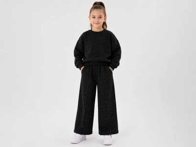 Toptan İNCİLAY Taş Detaylı Çizgili Cepli 3 İp Kız Takım  Black - Beniz Bebe