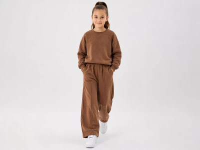 Toptan İNCİLAY Taş Detaylı Çizgili Cepli 3 İp Kız Takım  Brown - Beniz Bebe