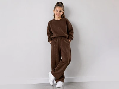 Toptan İNCİLAY Taş Detaylı Çizgili Cepli 3 İp Kız Takım  Dark Coffee - Beniz Bebe