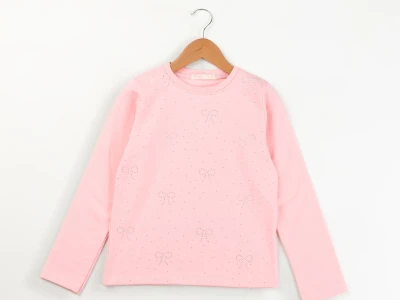 Toptan ENJOY BABY Taş Detaylı Fiyonk Baskılı 2 İp Şardonlu Kız Sweat  PEMBE - Beniz Bebe