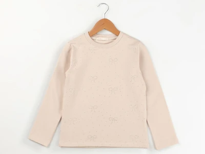 Toptan ENJOY BABY Taş Detaylı Fiyonk Baskılı 2 İp Şardonlu Kız Sweat  - Toptan Çocuk Giyim Beniz Kids