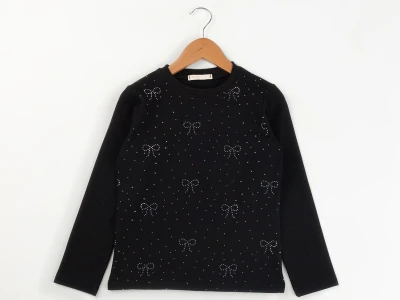 Toptan ENJOY BABY Taş Detaylı Fiyonk Baskılı 2 İp Şardonlu Kız Sweat  SİYAH - Beniz Bebe