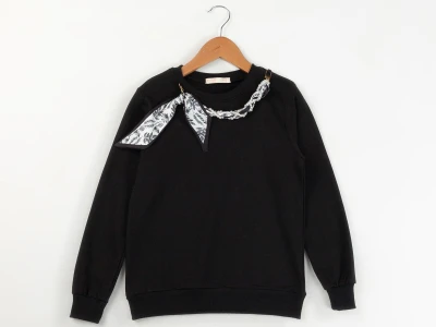 Toptan ENJOY BABY Taş Detaylı Fularlı 2 İp Şardonlu Kız Sweat  SİYAH - Beniz Bebe
