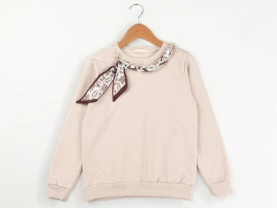 Toptan ENJOY BABY Taş Detaylı Fularlı 2 İp Şardonlu Kız Sweat  BEJ - Beniz Bebe