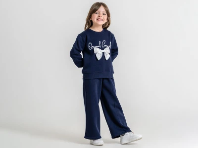 Toptan PAMPAL KİDS Taşlı Fiyonk Detaylı 3 İp Şardonlu Kız Takım  - Toptan Çocuk Giyim Beniz Kids