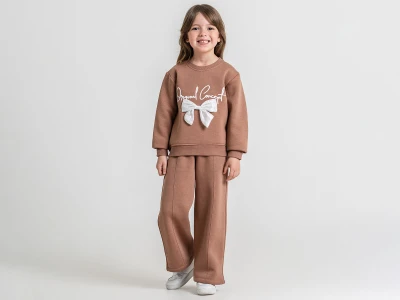 Toptan PAMPAL KİDS Taşlı Fiyonk Detaylı 3 İp Şardonlu Kız Takım  - Toptan Çocuk Giyim Beniz Kids