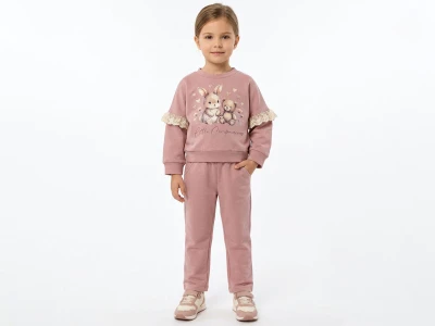 Toptan LADY GOLD Tavşan & Ayıcık Baskılı Taş Detaylı Fırfırlı Kız Takım  GÜLKURUSU - Beniz Bebe