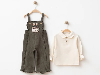 Toptan BEBİNNİ Tavşan Baskılı Düğmeli Salopet Kız Bebek Takım  HAKİ - Beniz Bebe