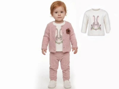 Toptan ELCİ BABY Tavşan Baskılı Hırkalı Kız Bebe Üçlü Takım  - Toptan Çocuk Giyim Beniz Kids
