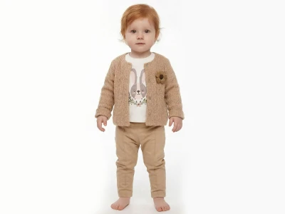 Toptan ELCİ BABY Tavşan Baskılı Hırkalı Kız Bebe Üçlü Takım  BEJ - Beniz Bebe