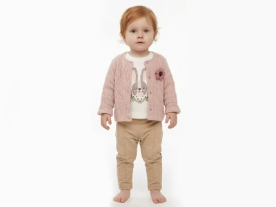 Toptan ELCİ BABY Tavşan Baskılı Hırkalı Kız Bebe Üçlü Takım  PEMBE - Beniz Bebe