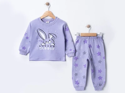 Toptan SÜPERMİNİ  Tavşan Baskılı Kız Bebe Pijama Takım - Toptan Çocuk Giyim Beniz Kids