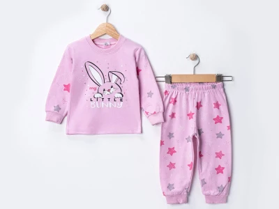 Toptan SÜPERMİNİ  Tavşan Baskılı Kız Bebe Pijama Takım PEMBE - Beniz Bebe