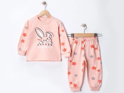 Toptan SÜPERMİNİ  Tavşan Baskılı Kız Bebe Pijama Takım SOMON - Beniz Bebe