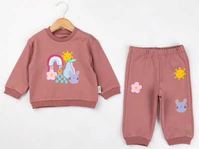 Toptan COMİX Tavşan Baskılı Kız Bebe Takım  KAHVERENGİ - Beniz Bebe