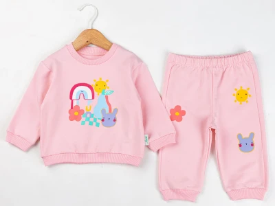 Toptan COMİX Tavşan Baskılı Kız Bebe Takım  PEMBE - Beniz Bebe