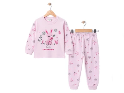 Toptan SÜPERMİNİ Tavşan Baskılı Kız Çocuk Pijama Takımı - Toptan Çocuk Giyim Beniz Kids