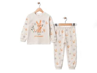 Toptan SÜPERMİNİ Tavşan Baskılı Kız Çocuk Pijama Takımı BEJ - Beniz Bebe