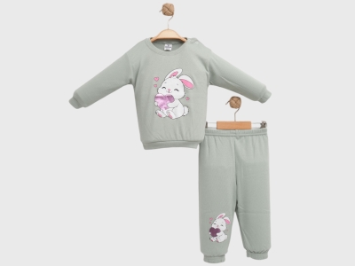 Tavşan Baskılı Kız Bebe Pijama Takım