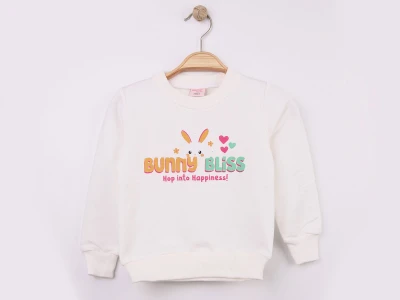 Toptan WENGE KİDS Tavşan Baskılı Kız Sweat BEYAZ - Beniz Bebe